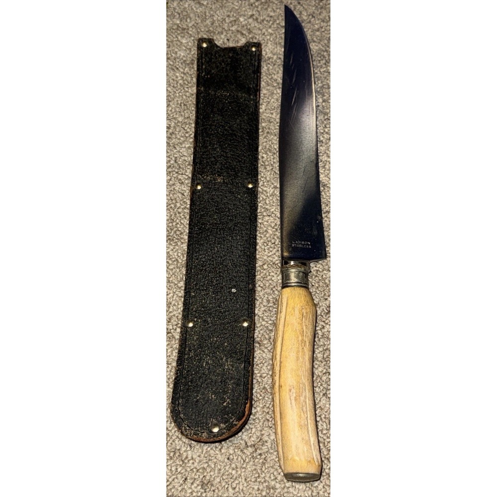 Vintage Antique Lamson Carving Knife Antler Horn Stainless‎ 8" Blade W/Sheath
